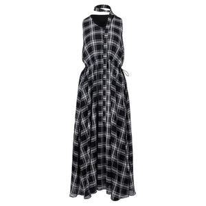 Lapargay plaid halter neck dress waist-cinching full skirt retro sleeveless dress L78209013C - Lapargay