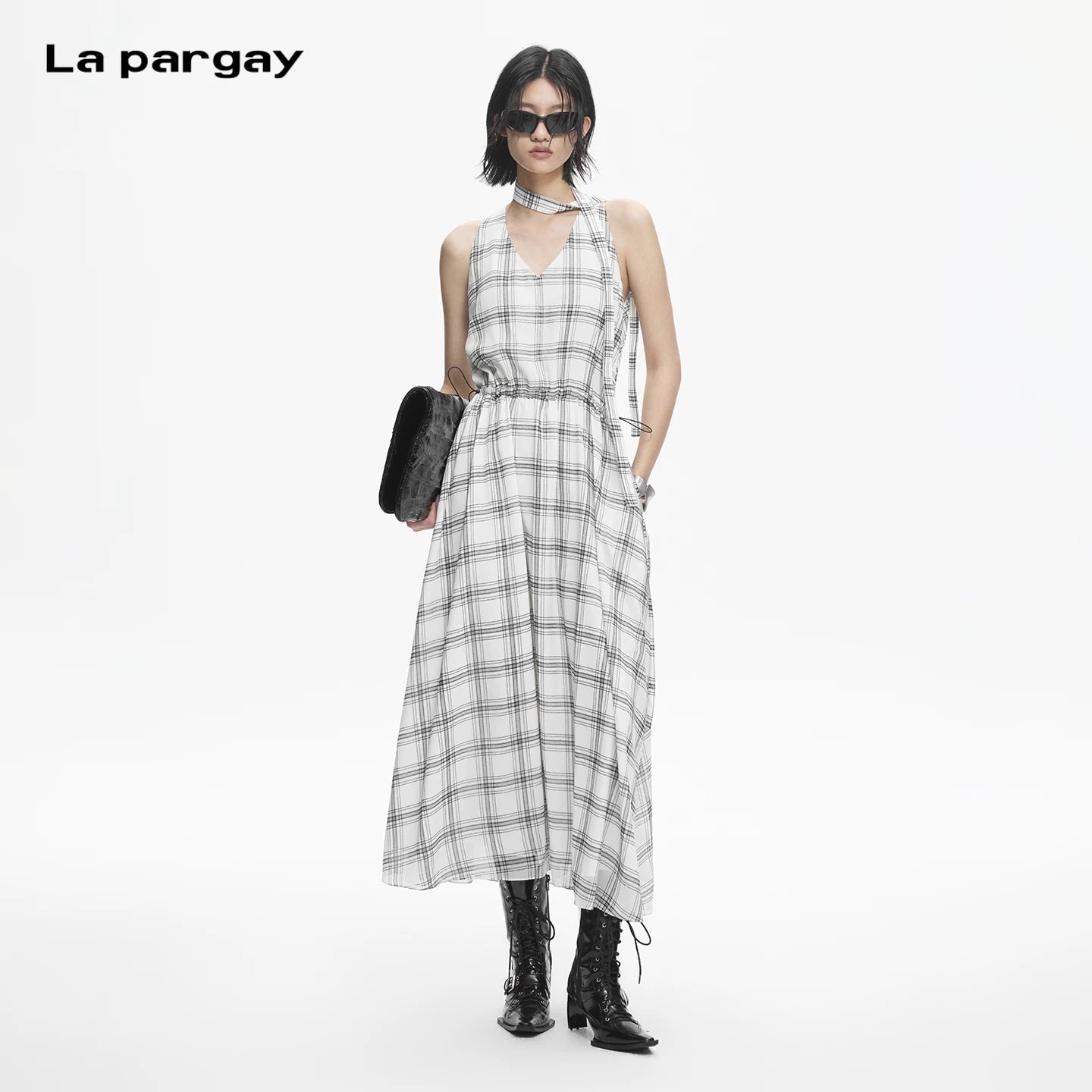 Lapargay plaid halter neck dress waist-cinching full skirt retro sleeveless dress L78209013C - Lapargay