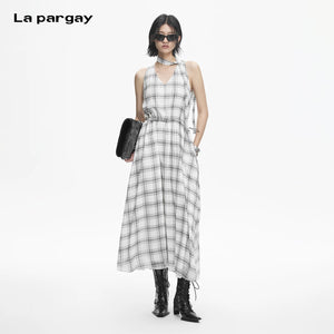 Lapargay plaid halter neck dress waist-cinching full skirt retro sleeveless dress L78209013C - Lapargay