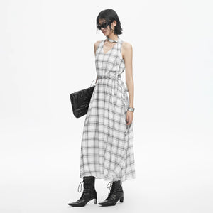 Lapargay plaid halter neck dress waist-cinching full skirt retro sleeveless dress L78209013C - Lapargay