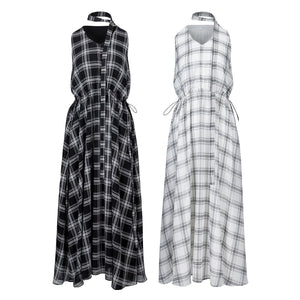 Lapargay plaid halter neck dress waist-cinching full skirt retro sleeveless dress L78209013C - Lapargay