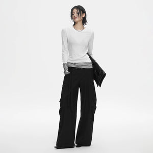 Lapargay Pleated Fake Layered T-Shirt with Contrast Extended Sleeves, Irregular Slim Fit Base Layer L78100307C - Lapargay