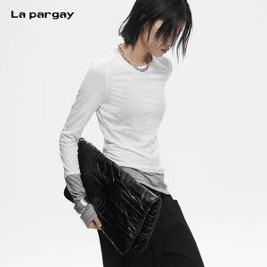 Lapargay Pleated Fake Layered T-Shirt with Contrast Extended Sleeves, Irregular Slim Fit Base Layer L78100307C - Lapargay