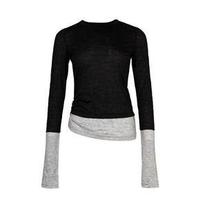 Lapargay Pleated Fake Layered T-Shirt with Contrast Extended Sleeves, Irregular Slim Fit Base Layer L78100307C - Lapargay