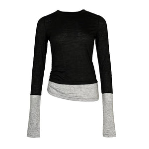 Lapargay Pleated Fake Layered T-Shirt with Contrast Extended Sleeves, Irregular Slim Fit Base Layer L78100307C - Lapargay