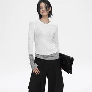 Lapargay Pleated Fake Layered T-Shirt with Contrast Extended Sleeves, Irregular Slim Fit Base Layer L78100307C - Lapargay