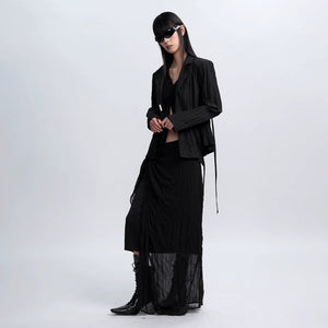 Lapargay Pleated Textured Short Jacket with Cinched Waist Tie, Irregular Hem L78101227B - Lapargay
