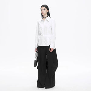 Lapargay Pure Cotton Fitted White Shirt, Asymmetric Hem, Three-Dimensional Tailoring L78101002C - Lapargay