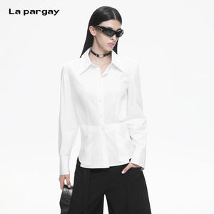 Lapargay Pure Cotton Fitted White Shirt, Asymmetric Hem, Three-Dimensional Tailoring L78101002C - Lapargay