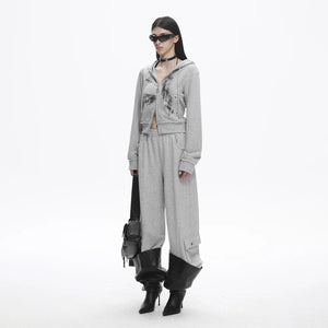 Lapargay raw-edge cropped hooded jacket, washed print design, double zipper L78101201V - Lapargay
