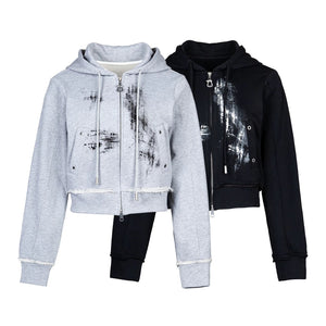 Lapargay raw-edge cropped hooded jacket, washed print design, double zipper L78101201V - Lapargay