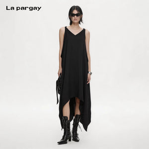 Lapargay Relaxed V-Neck Slip Dress Unrestricted Wide Cut Asymmetrical Side Slit Maxi Dress L60309027S - Lapargay