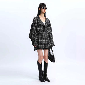 Lapargay Retro Black and White Plaid Jacket with Drop Shoulder Loose Fit, Drawstring Waist Cargo Style L78101308V - Lapargay