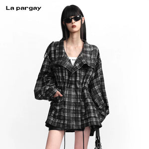 Lapargay Retro Black and White Plaid Jacket with Drop Shoulder Loose Fit, Drawstring Waist Cargo Style L78101308V - Lapargay