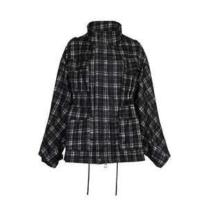 Lapargay Retro Black and White Plaid Jacket with Drop Shoulder Loose Fit, Drawstring Waist Cargo Style L78101308V - Lapargay