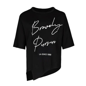 Lapargay round neck printed T-shirt slightly dropped shoulder half-sleeve irregular hem design L78200226V - Lapargay