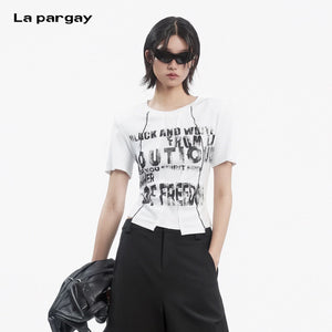 Lapargay round-neck short-sleeve T-shirt with slim waist-cinching fit and visible seam line design L78200223V - Lapargay