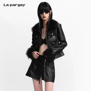 Lapargay Short Leather Jacket with Fur Cuffs, Full Zipper Design, Retro Slim Motorcycle Style L78101219V - Lapargay