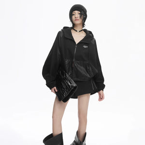 Lapargay Short PU Leather Jacket with Patchwork, Hooded Double Zipper, Loose Batwing Sleeve L78101221C - Lapargay