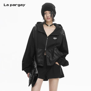 Lapargay Short PU Leather Jacket with Patchwork, Hooded Double Zipper, Loose Batwing Sleeve L78101221C - Lapargay