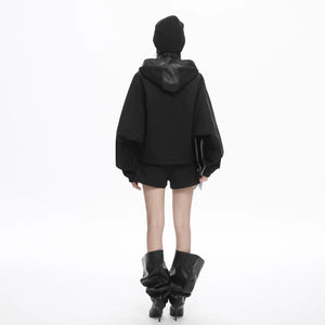 Lapargay Short PU Leather Jacket with Patchwork, Hooded Double Zipper, Loose Batwing Sleeve L78101221C - Lapargay