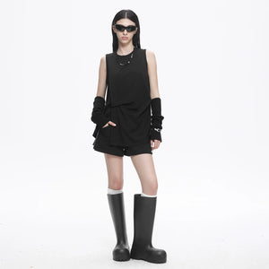 Lapargay Sleeveless T-Shirt Women Solid Black Tone Irregular Pleats Back Drawstring Detail L78201901C - Lapargay