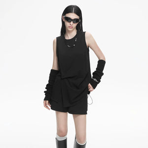 Lapargay Sleeveless T-Shirt Women Solid Black Tone Irregular Pleats Back Drawstring Detail L78201901C - Lapargay