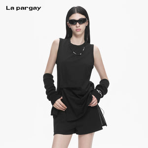 Lapargay Sleeveless T-Shirt Women Solid Black Tone Irregular Pleats Back Drawstring Detail L78201901C - Lapargay