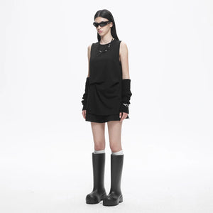 Lapargay Sleeveless T-Shirt Women Solid Black Tone Irregular Pleats Back Drawstring Detail L78201901C - Lapargay