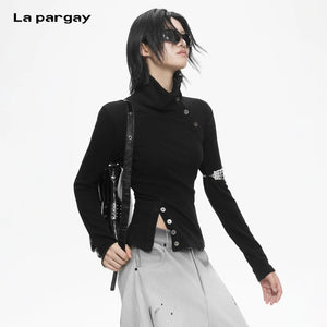 Lapargay Slim-fit High-neck Knit Top Adjustable Collar High-stretch Knit L78100313C - Lapargay