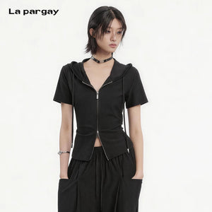 Lapargay slim fit hooded short jacket double zip design cleanly outlines waistline L78201908V - Lapargay