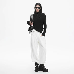 Lapargay Slim Fit Stand Collar Long-Sleeve T-Shirt with Half Zipper, Irregular Cropped Inner Layer L78100310C - Lapargay