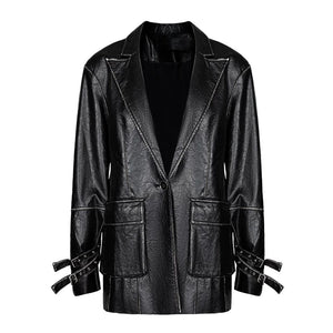 Lapargay Street Motorcycle Style Mid-Length Leather Blazer Single Button Waist-Cinching Large Patch Pocket L75101303B - Lapargay