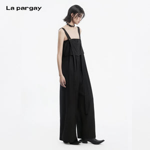 Lapargay suspender jumpsuit double-layer draped design hidden pocket design L78202703V - Lapargay