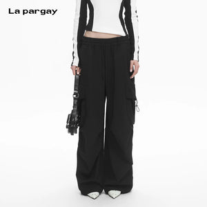 Lapargay Tactical Cargo Casual Pants with Drawstring Elastic Waist, Pleated Wide Leg Design L78102639V - Lapargay