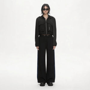 Lapargay textured drape wide-leg casual pants contrast side stripe double button drawstring high waist L75102602V - Lapargay