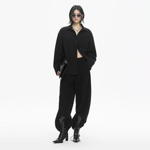 Lapargay Textured High-Waist Casual Pants with Multi-Button Waistband, Wide Leg Silhouette L78102626C - Lapargay