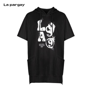 Lapargay Trendy Graffiti Print Hooded Short Sleeve Top Double Large Pocket Design L75201904C - Lapargay