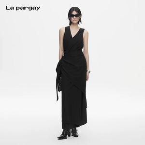 Lapargay V-Neck Sleeveless Little Black Dress, Tie Waist, Elegant and Slimming Dress L78209010V - Lapargay