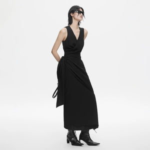 Lapargay V-Neck Sleeveless Little Black Dress, Tie Waist, Elegant and Slimming Dress L78209010V - Lapargay