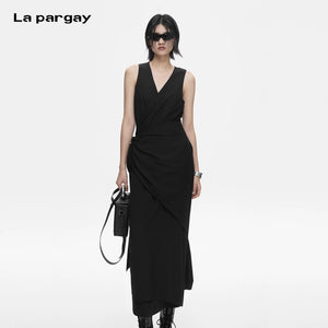 Lapargay V-Neck Sleeveless Little Black Dress, Tie Waist, Elegant and Slimming Dress L78209010V - Lapargay