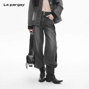 Lapargay vintage washed denim casual pants double button high waist design lazy stylish trousers L78102624V - Lapargay