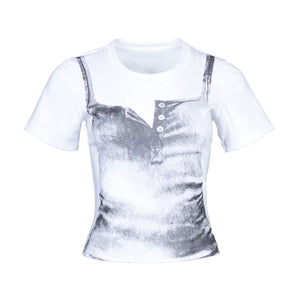 Lapargay Vintage Washed Print Faux Two-Piece Layered Look Short Fitted Waist-Slimming Top L78200205V - Lapargay