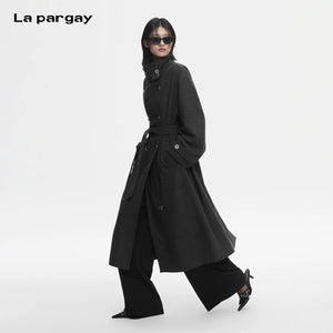 Lapargay Vintage Wool Coat, High Collar Double Breasted, Adjustable Belted Long Coat L78101602V - Lapargay
