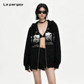 Lapargay Black Printed Hoodie Vintage Car Graphic Full Zip Front L69101306V
