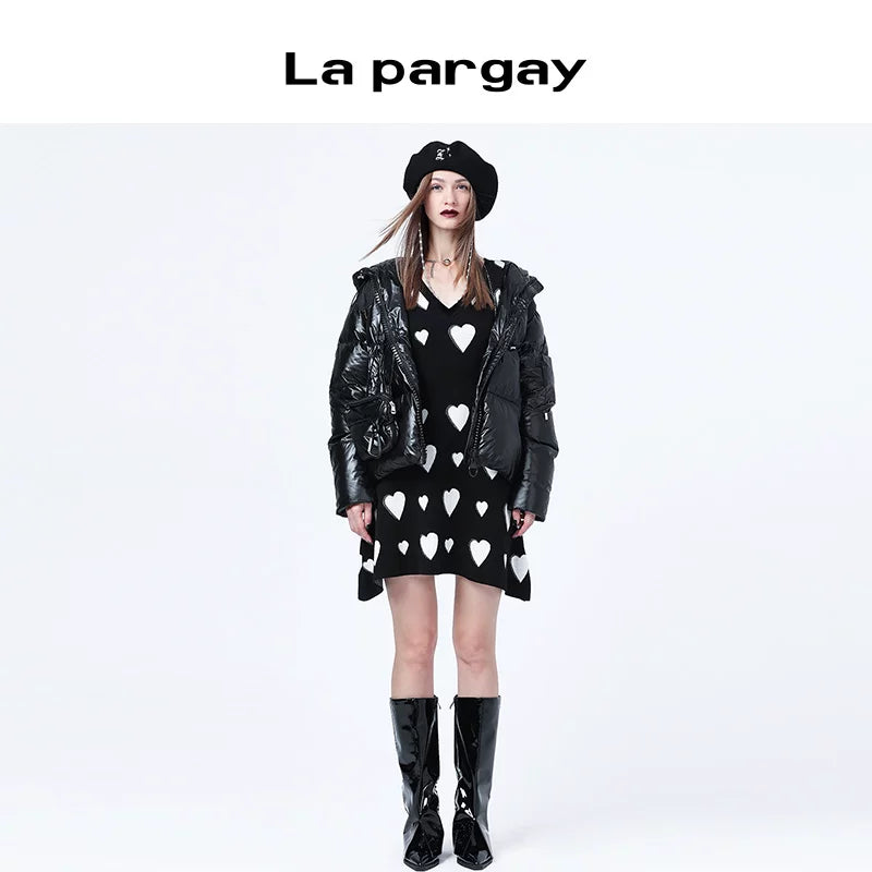 Lapargay Short Hooded Down Jacket Women 2026 New Black Long Sleeve Casual Design Sense Niche Outerwear