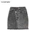 Lapargay Vintage Washed Denim Skirt Asymmetric Waistband High Waist Shows Long Legs L75109205V