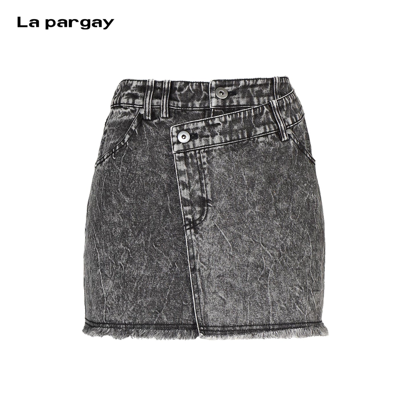 Lapargay Vintage Washed Denim Skirt Asymmetric Waistband High Waist Shows Long Legs L75109205V