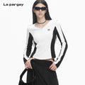 Lapargay  Black-White Contrast Color Block Top Minimalist Aesthetic V-Neck Half Button Design L78300307V
