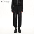 Lapargay Pleated Texture Casual Pants Curved Zipper Pockets Drawstring Elastic High Waist L69202807C